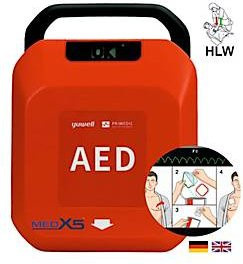 Automatischer Defibrillator MedX5 HeartSave YA in Rot/Schwarz mit LCD-Anzeige, Sprachausgabe DE/EN, IP55-Schutz und HLW-Feedback-Sensor - Bild 1