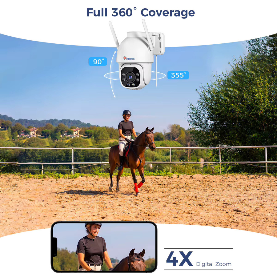 Ctronics 4G Outdoor Überwachungskamera mit SIM-Karte, 2K 1080P Auflösung, 360-Grad-Panorama, automatischer Verfolgung, Nachtsicht und Zwei-Wege-Audio in Weiß - Bild 4