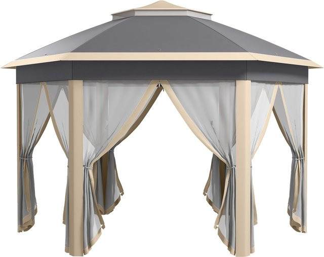 Outsunny Pavillon sechseckig mit Doppeldach und Lüftungsöffnung, wasser- und UV-beständige Abdeckung, Polyester, Beige und Khaki, B/T/H: 4 x 4 x 2,5 m (Beispielmaß zur Veranschaulichung der Struktur, falls im Originaltext vorhanden) - Bild 1