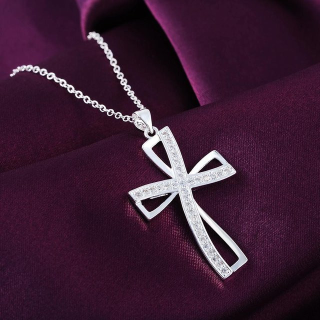 Halskette 925 Silber, Kristall Kreuz Anhänger, Zirkonia, Damen - Bild 1