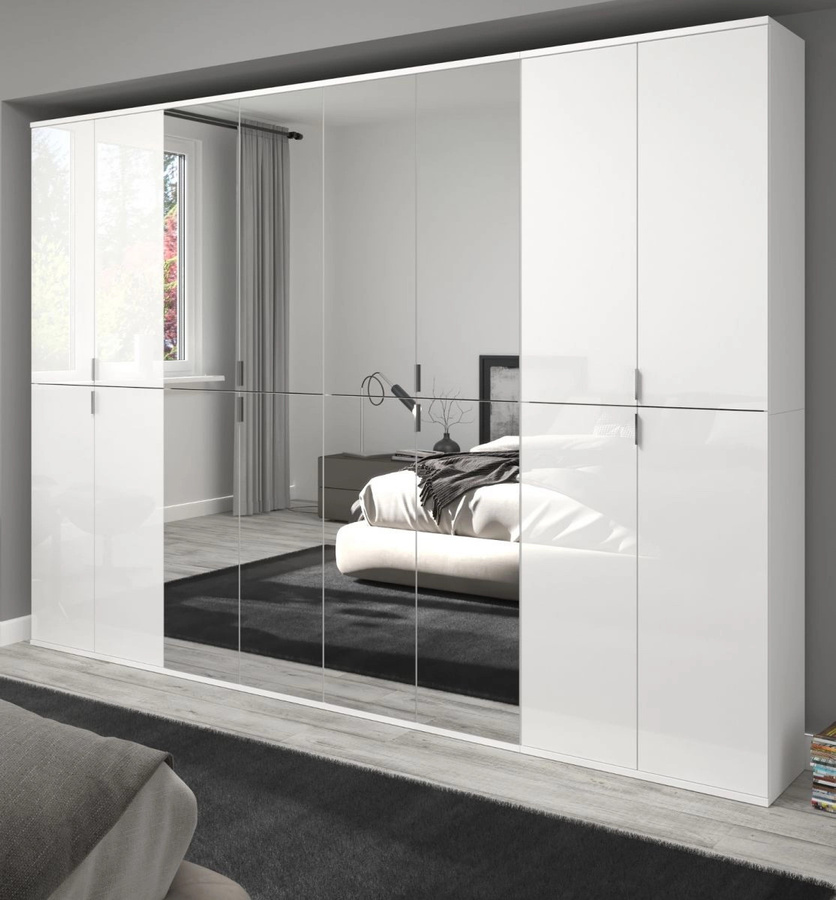 Inn.Furn Kleiderschrank SystemX in Weiß Hochglanz mit Spiegel und Hosenregal, B/H: 244 x 193 cm - Bild 1