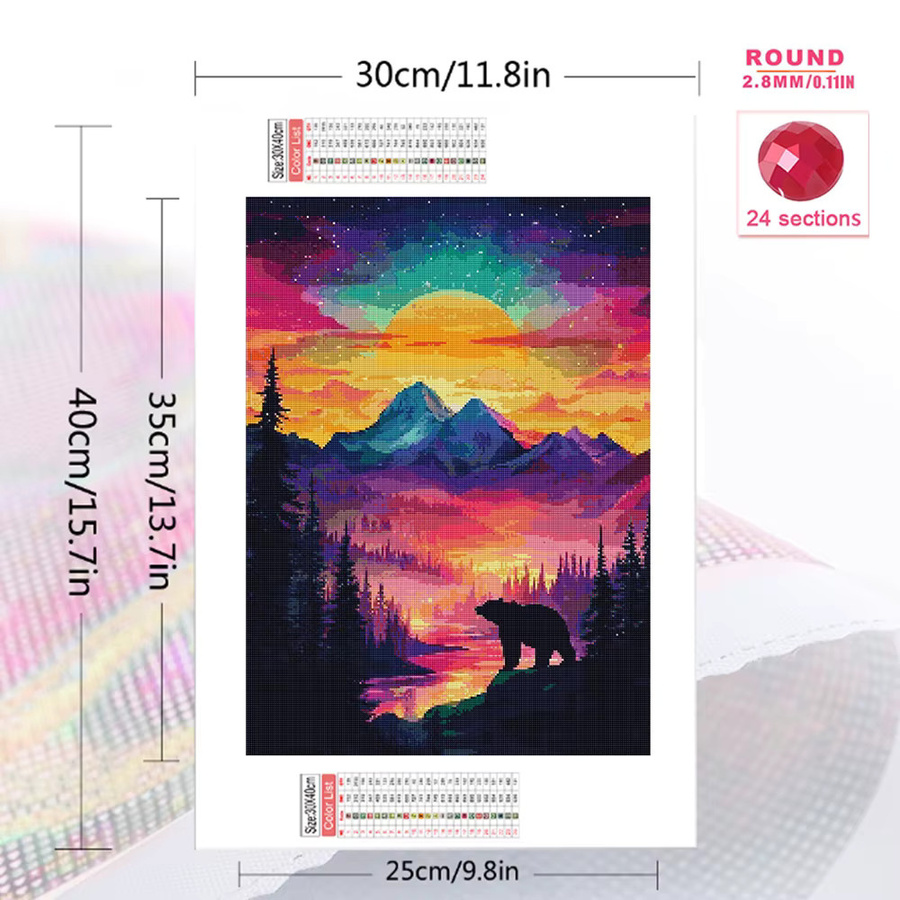 Momoart Diamant-Stickerei Berglandschaft mit Sonnenuntergang und Bär als DIY Diamant-Mosaik in Multicolour zur Wanddekoration - Bild 2
