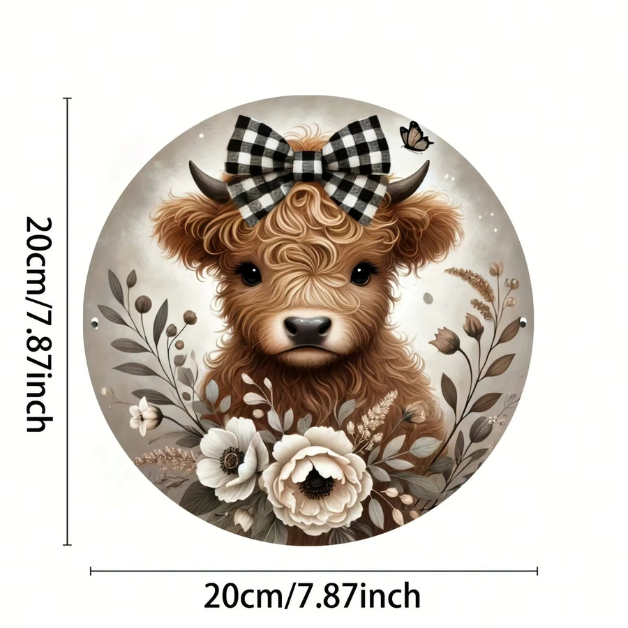 Rundes Hochlandkuh-Holzschild von CIFBUY mit Blumenkranz und karierter Fliege zur Dekoration für Zuhause, Küche oder Garten - Bild 2