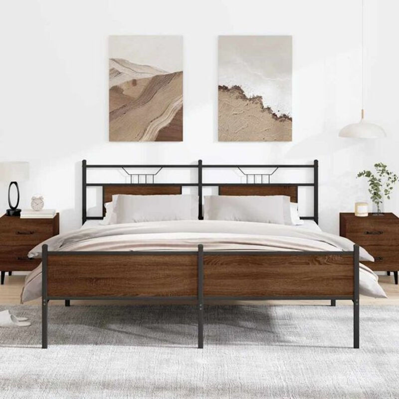 Metallbett Vidaxl in Braun mit Eichen-Optik aus Metall und Holzwerkstoff, B/T/H: 180 x 200 x 91,5 cm - Bild 1