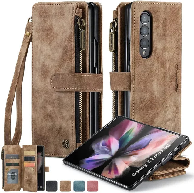 Business Flip Leder Handyhülle mit Reißverschluss und Wallet Card Cover für Samsung Galaxy Z Fold 7 6 5 4 sowie S25 Ultra S24 FE S23 S22 S21 S20 Plus in Rot und Braun - Bild 1