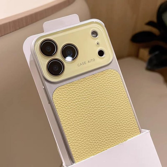 Stoßfeste Litschi-Lederhülle für Apple iPhone 13 bis iPhone 17 Pro Max mit großem Fenster und Galvanik-Abdeckung in Gelb - Bild 1