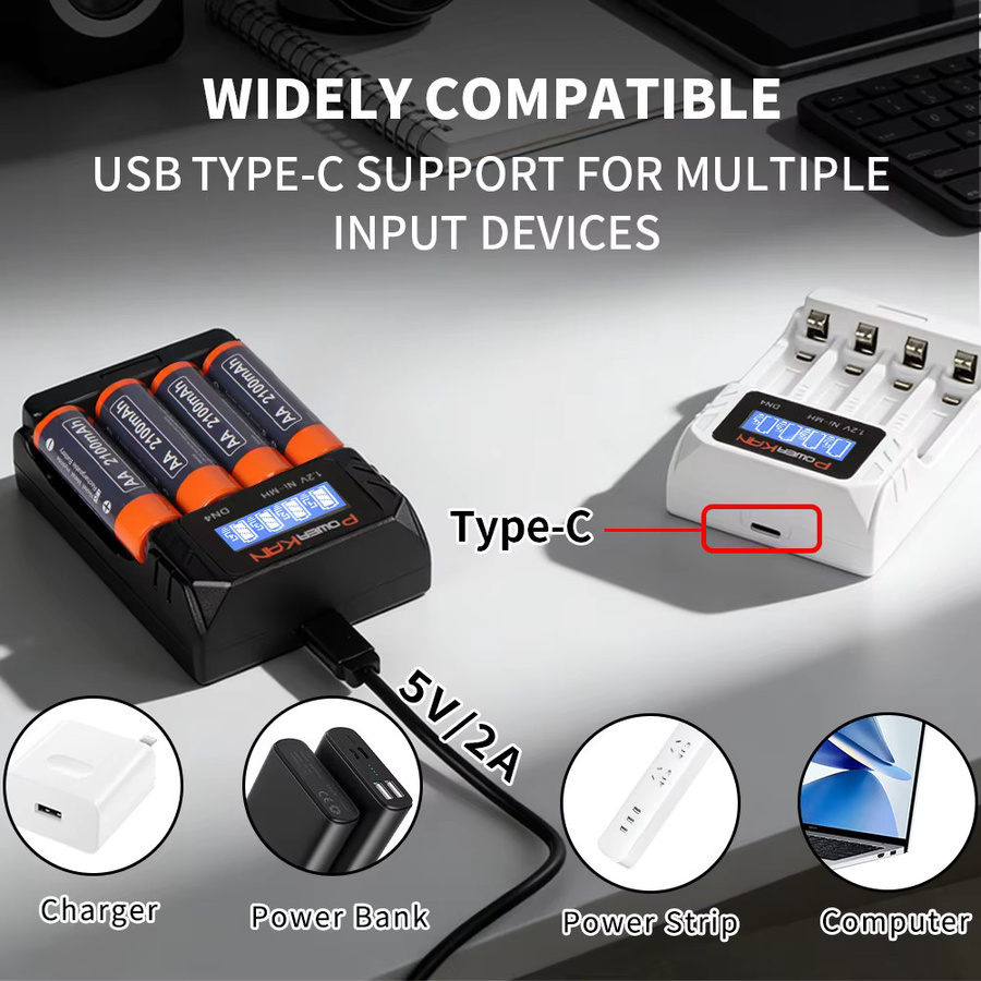 POWERKAN DN4 Batterieladegerät mit LCD-Anzeige für 1.2V Ni-MH AA AAA Akkus, 4 Schächte, USB-C Anschluss - Bild 4