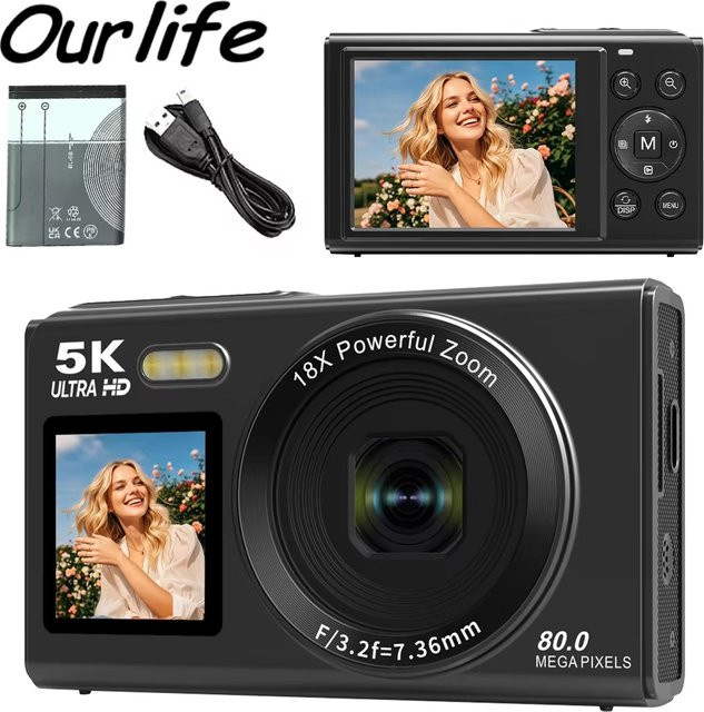 Ourlife Digitalkamera 5K 80MP mit 18X Digitalzoom, Dual IPS-Bildschirm und WIFI, Kompaktkamera für Vlog und Fotografie in Schwarz - Bild 1