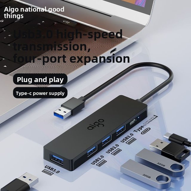 Aigo USB 3.0 Hub mit Typ-C-Anschluss und Netzteil als Multi-Port-Erweiterung für Laptop, PC und Macbook - Bild 1