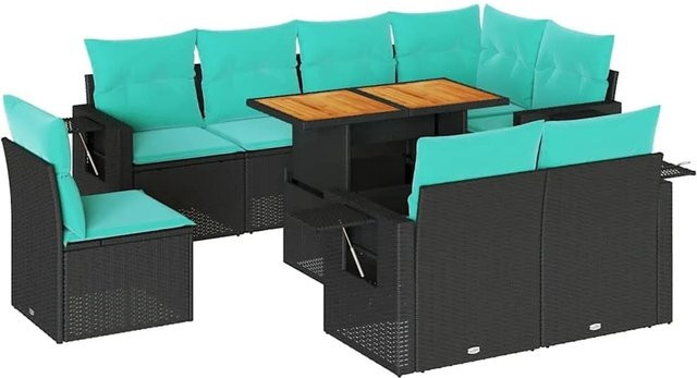 vidaXL 9-teilige Garten-Sofagarnitur in L-Form aus Poly-Rattan und pulverbeschichtetem Stahl mit Kissen in Schwarz und Blau - Bild 1