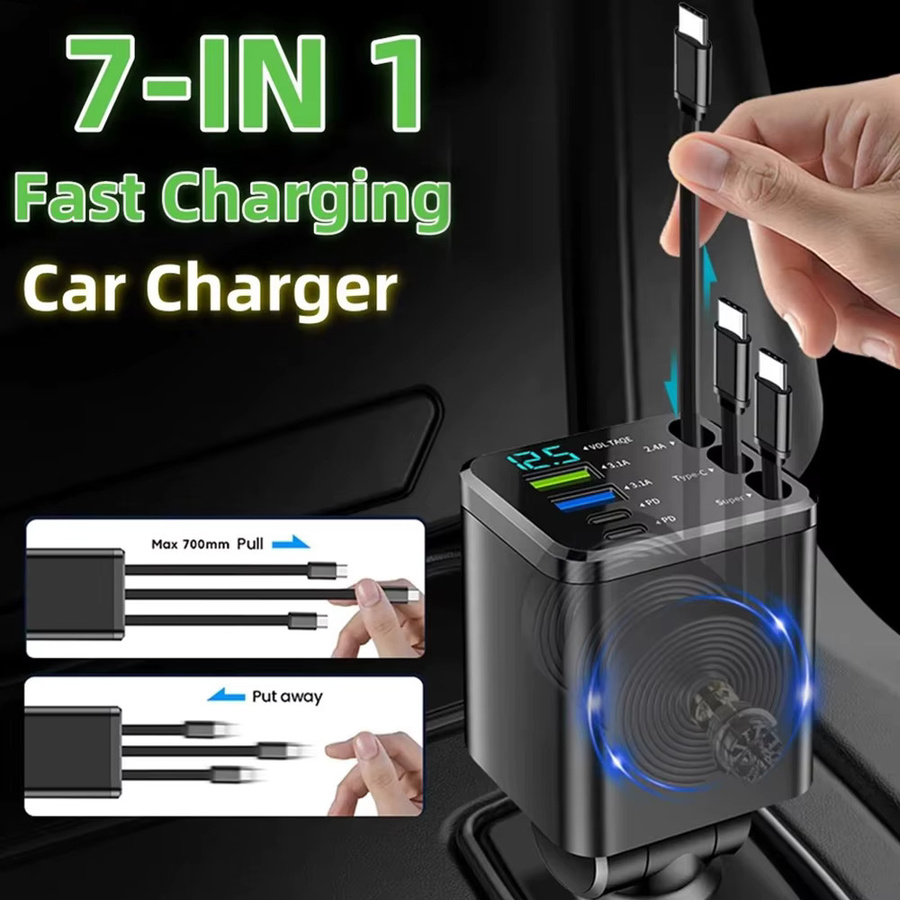 Kebidumei 7-in-1 Autoladegerät 180W mit einziehbarem Typ-C-Kabel, Zigarettenanzünder-Adapter für Huawei und Samsung, Farbe: Schwarz - Bild 2
