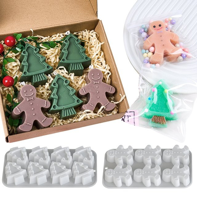 UDOCOOL Silikonform Weihnachtsbaum und Lebkuchenmann für DIY Seife, Duftkerzen und Gips, 6 Löcher - Bild 1