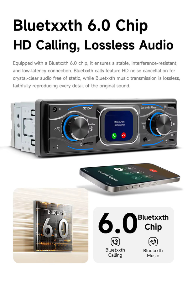 BQCC Auto MP3-Player mit 2,2 Zoll HD Touchscreen, Bluetooth 6.0, AUX, USB und Typ-C, Schwarz mit 7 Farben Lichteffekten - Bild 2