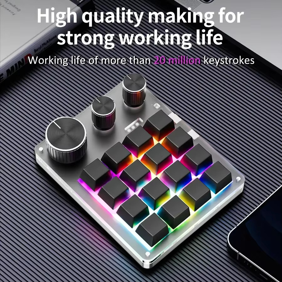 GGBEE Mechanisches Macropad mit 16 Tasten und 3 Knöpfen, Programmierbare Makro-Tastatur mit Hot-Swap, Bluetooth, 2,4 G und USB-C, Weiß - Bild 2