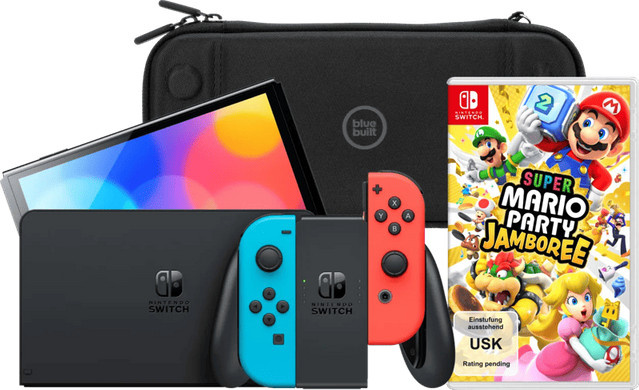 Nintendo Switch OLED Konsole Blau/Rot inklusive Mario Party Jamboree und BlueBuilt Schutzhülle - Bild 1