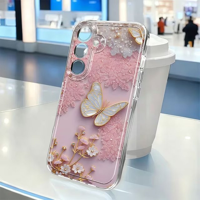 Rosa Handyhülle mit Spitze und Schmetterling für Samsung Galaxy S25 S24 S23 S22 A55 A54 A36 A35 A16 A15 A06 FE Ultra Plus Cover - Bild 1