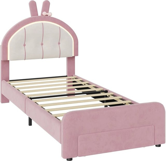 PXloue Kinderbett aus Samt in Pink mit LED-Unterbettbeleuchtung und Schublade, B/T/H: 90 x 200 x 105 cm - Bild 1