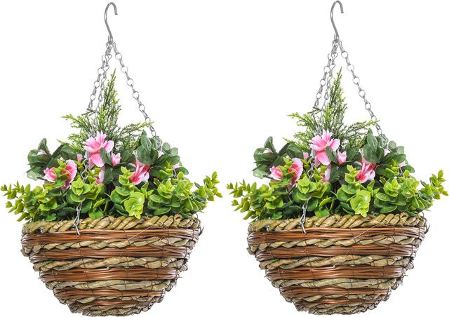 Outsunny Set aus 2 künstlichen Lisianthus-Pflanzen mit Korb und Haken in Grün und Rosa, Durchmesser: 25 cm, Höhe: 34 cm - Bild 1