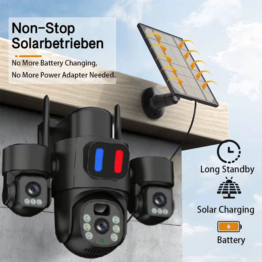 Jaxcam Solar PTZ-Überwachungskamera für Außenbereich mit 15MP, WLAN, Drei-Objektiv-System und PIR-Erkennung in Schwarz - Bild 3