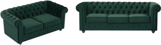 Vente-unique Chesterfield Couchgarnitur aus Samt in Grün, bestehend aus einem 3-Sitzer und einem 2-Sitzer, Breite: 205 cm, Tiefe: 165 cm - Bild 1