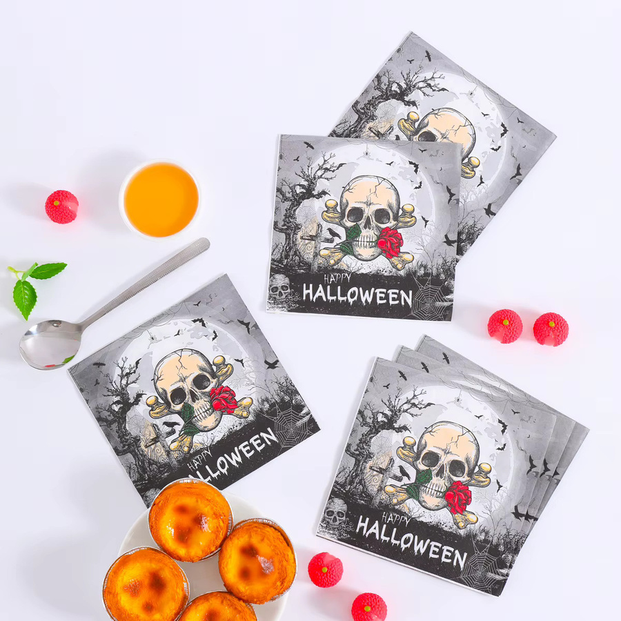 Halloween Papierservietten mit Totenkopf, roter Rose, Fledermaus und Vollmond in Rot und Multicolour - Bild 2
