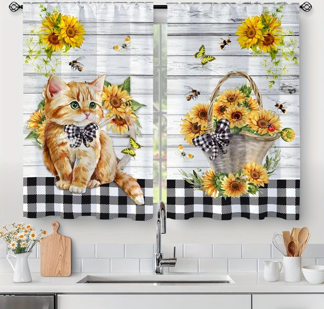 Yiran Furniture 2er-Set Moderne Kurze Fenster Vorhänge mit Kariertem Sonnenblumen-Print, B: 60 cm, H: 100 cm, Mehrfarbig - Bild 1