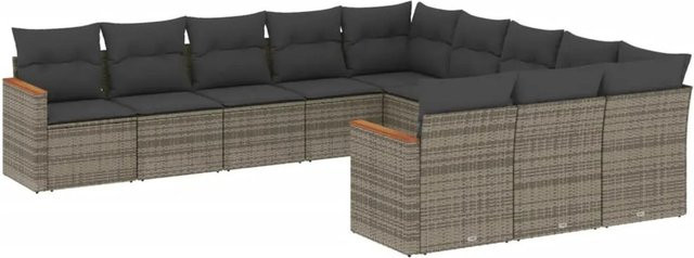 vidaXL 11-tlg. Garten-Sofagarnitur in L-Form aus Poly-Rattan und Metall, Grau mit Kissen und abnehmbaren Bezügen - Bild 1