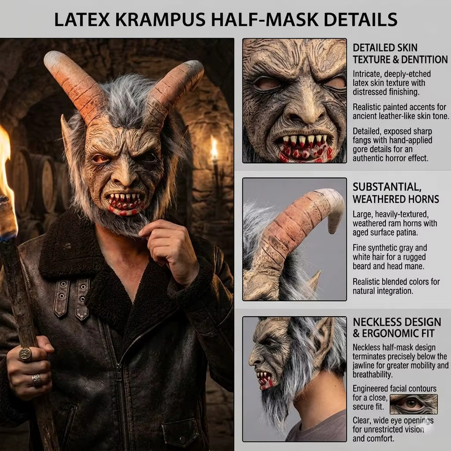 patygr Horror-Dämonen-Latexmaske mit Ziegenhörnern, Fantasy, Unisex - Bild 4