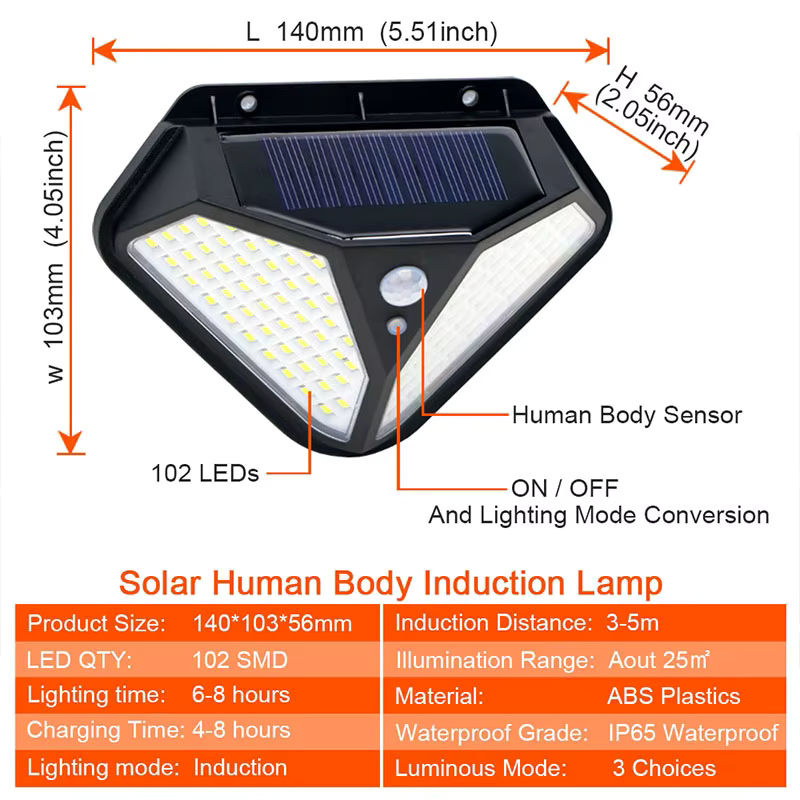 Dengsum Solar LED Außenleuchte mit 102 LEDs, PIR Bewegungsmelder und 3 Beleuchtungsmodi, Schwarz - Bild 3
