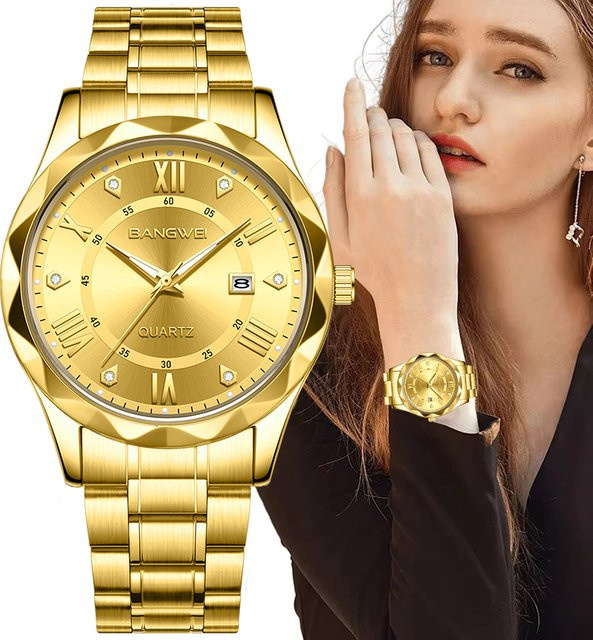 LIGE Armbanduhr Damen, Quarz, Edelstahl, Gold, Diamant, Zirkonia, Datum - Bild 1