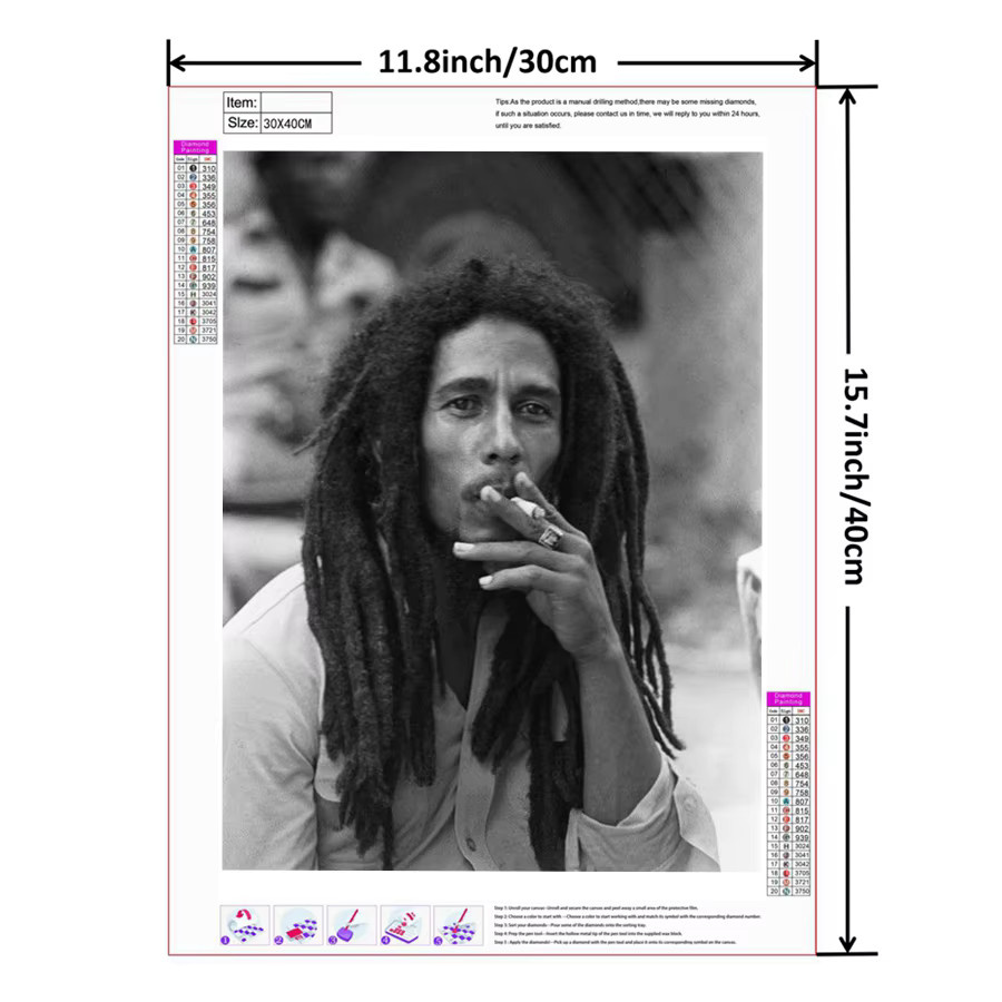 YUTTEE Diamond Painting Set Bob Marley Porträt Reggae Musik Motiv mit runden Bohrern in Multicolor - Bild 2
