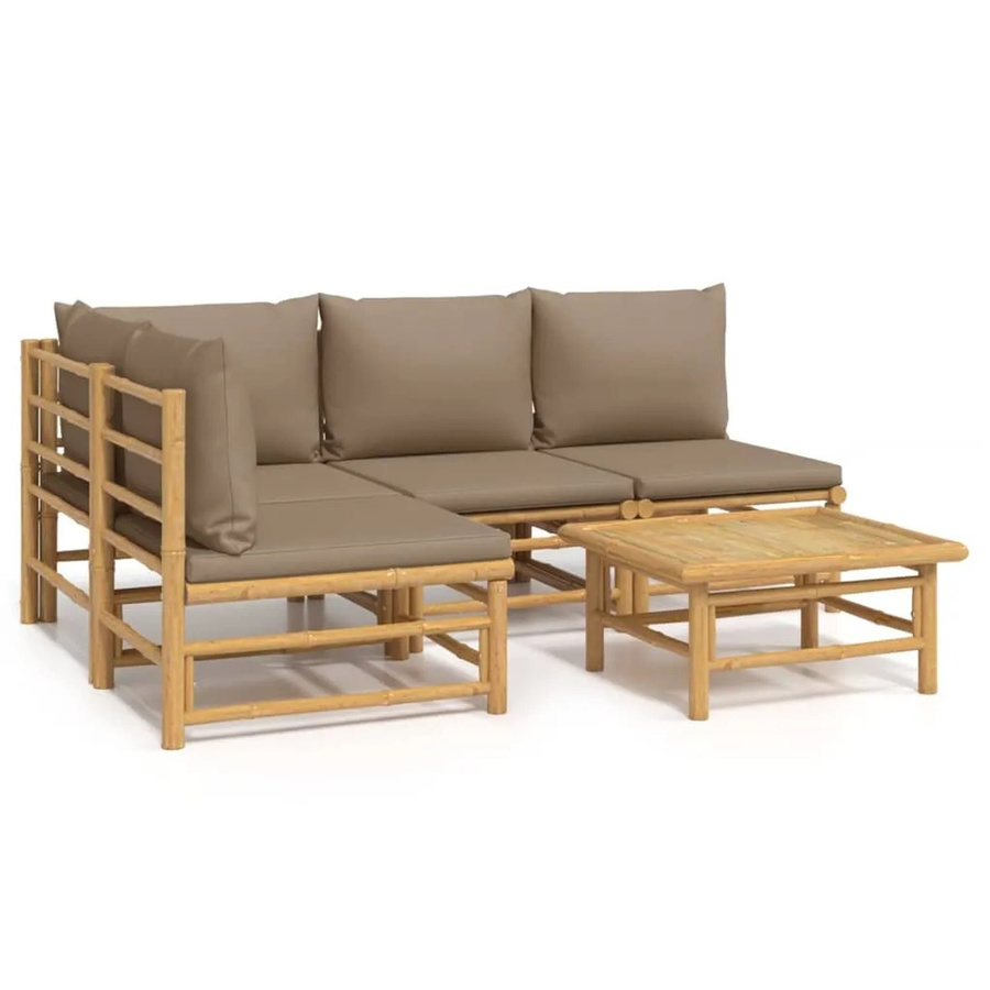 vidaXL 5-tlg Garten-Lounge-Set aus Bambus mit Kissen in Taupe, modernes L-Shape Set mit Sofa, Eckelement und Couchtisch - Bild 2