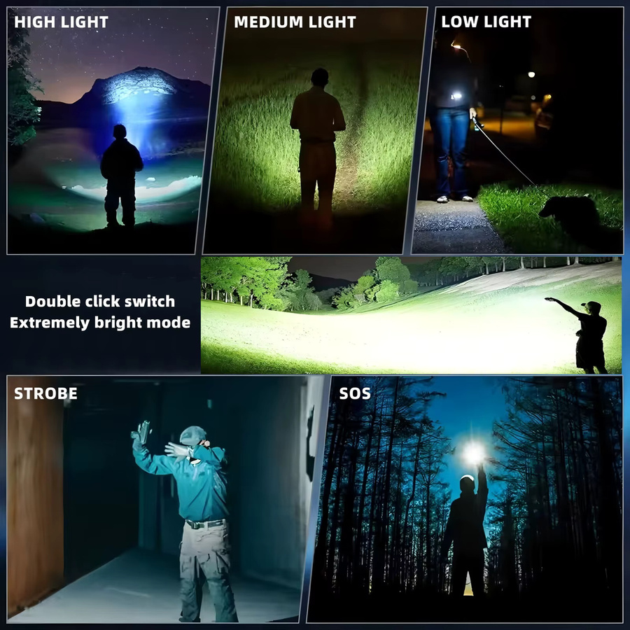 Alonefire Hochleistungs-Taschenlampe mit 4 LEDs und 6000 Lumen, wiederaufladbar via USB mit LCD-Anzeige, ideal für Outdoor, Jagd und Camping - Bild 6