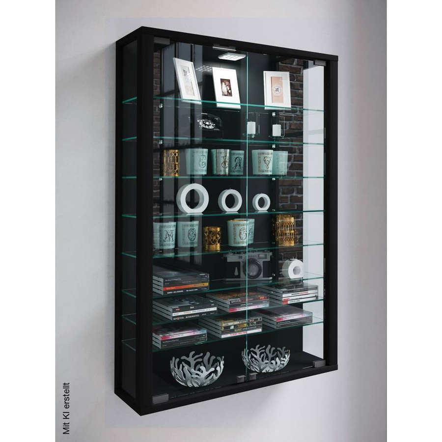 VCM Wandvitrine Vitrosa Mini in Schwarz mit LED-Beleuchtung und Glasregalen, B/T/H: 59 x 18 x 90 cm - Bild 2