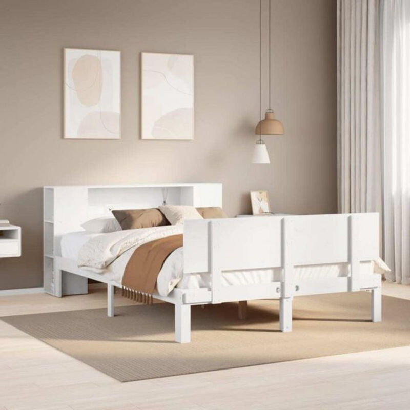 Massivholzbett aus Kiefer mit Regal in Weiß von Vidaxl, B/T/H: 140 x 190 x 82 cm - Bild 1