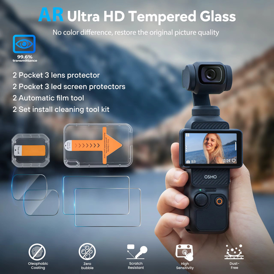2er-Pack AR HD Gehärteter Glas-Displayschutz für DJI Osmo Pocket 3 und Pocket 4 inklusive Objektiv-Schutz und Auto-Align Installationskit, Transparent - Bild 6