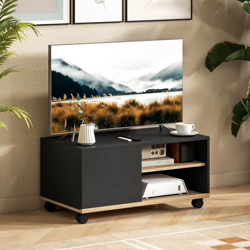 HOMCOM TV Lowboard auf Rollen mit Schrank und Kabelführung, Fernsehtisch für Fernseher bis 32 Zoll, Schwarz und Eiche, B/T/H: 80 x 45 x 41 cm - Bild 2