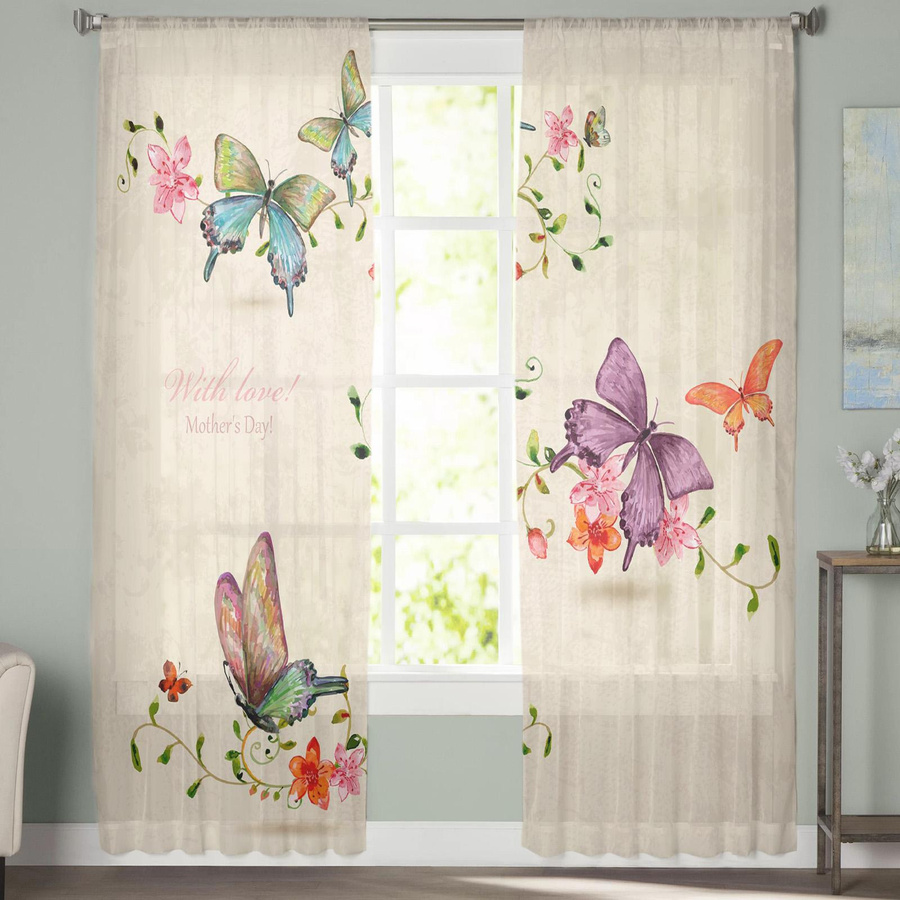 Transparentes Chiffon-Tüll-Fensterdekoration mit Schmetterlingsblumen im Vintage-Stil, Breite: 100 cm, Höhe: 250 cm - Bild 1