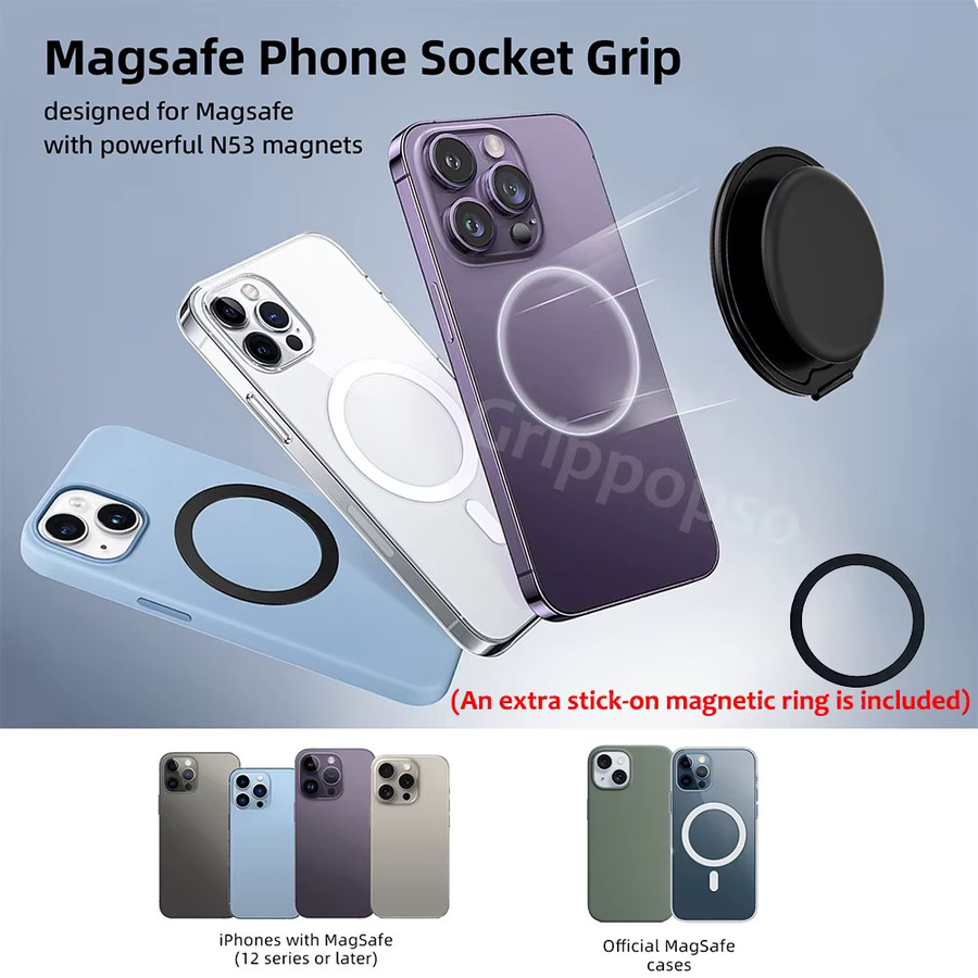popsoGrip Universeller MagSafe Handyhalter für iPhone-Serie, Magnetischer Ständerring und faltbarer Telefongriff in Pink oder Black - Bild 3