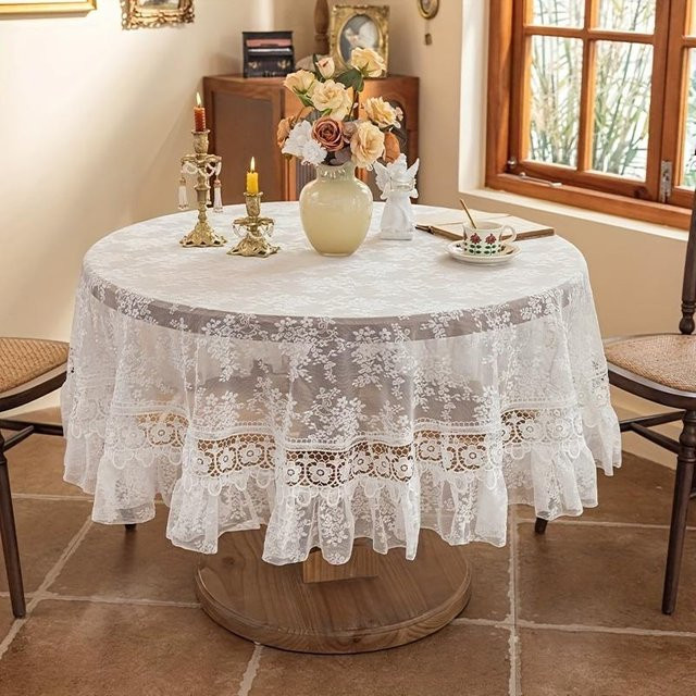 WTEMPO Runde Tischdecke aus Polyester mit weißer Spitze und Blumenmuster, Durchmesser: 200 cm - Bild 1