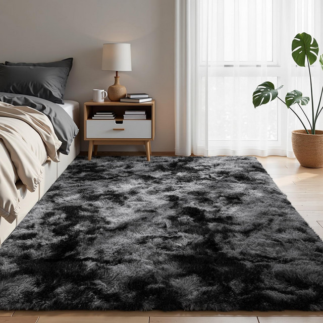 VIKAMA Wohnzimmerteppich im minimalistischen Stil, flauschiger Kunstfell-Teppich in Schwarz oder Grau, rutschfest und rechteckig - Bild 1
