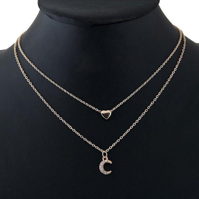Halskette Kupfer, Pfirsichherz mit Diamant Mond, Doppel-Schlüsselbeinkette, Damen - Bild 1