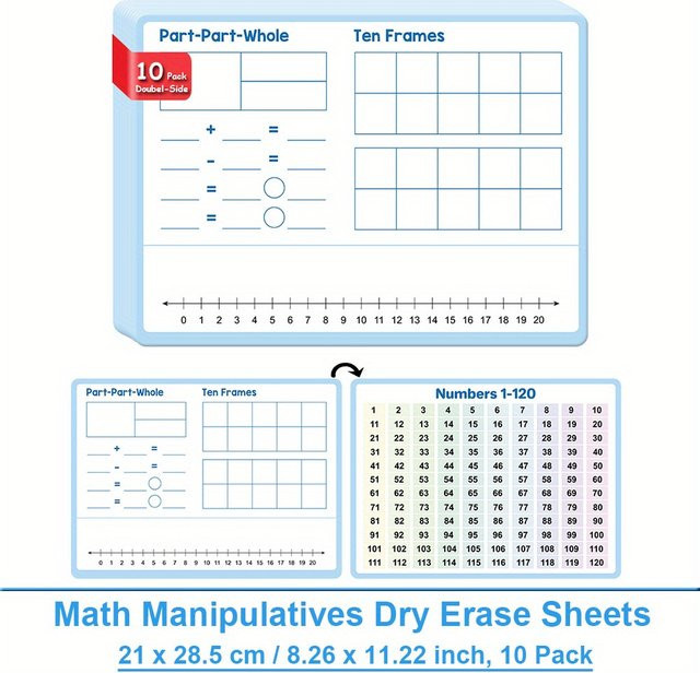 10 Stück QKX Mathe-Poster für Kinder mit Zahlen 1-120, doppelseitige Zahlenlinie, Zehnerrahmen sowie Addition und Subtraktion, pädagogische Diagramm-Lehrmittel in Multicolor - Bild 1
