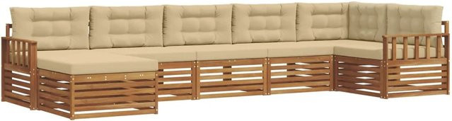 vidaXL 7-teilige Sofagarnitur aus Massivholz Akazie in Natur und Beige mit L-Form und wetterfesten Kissen - Bild 1