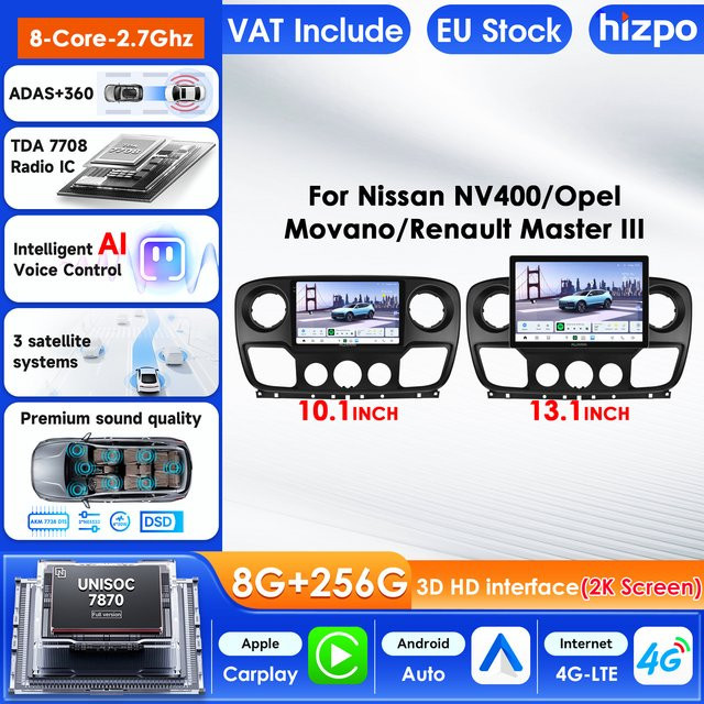Hizpo Autoradio mit 13,1 Zoll Display für Nissan NV400, Opel Movano und Renault Master III, Android Auto und Carplay, Schwarz - Bild 1