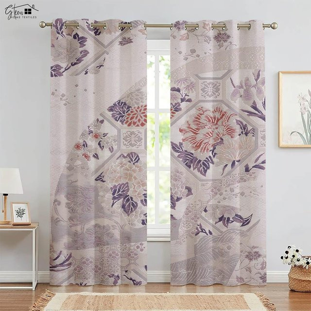 Yiran Furniture Dekorative Vorhänge im chinesischen Stil mit Tusche-Pfingstrosen und Rosen, 2er-Set, halbtransparent, B: 50 cm, H: 130 cm - Bild 1