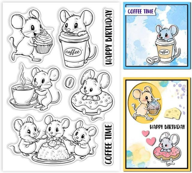 Transparente Silikon-Stempel mit Maus und Kaffee Motiven für Scrapbooking und Bastelarbeiten - Bild 1