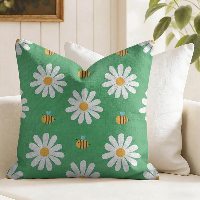 HWX Kissenbezug mit Gänseblümchen Muster in Grün, doppelseitig bedruckter Leinen-Look für Sofa und Heimdeko, B/B: 45 x 45 cm - Bild 1