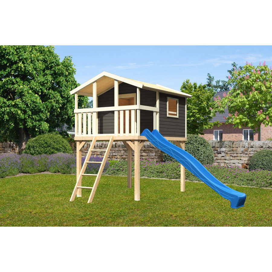 Karibu Spielturm Benjamin in Terragrau mit Holzleiter und blauer Rutsche, B/H/T: 225 x 309 x 250 cm - Bild 2