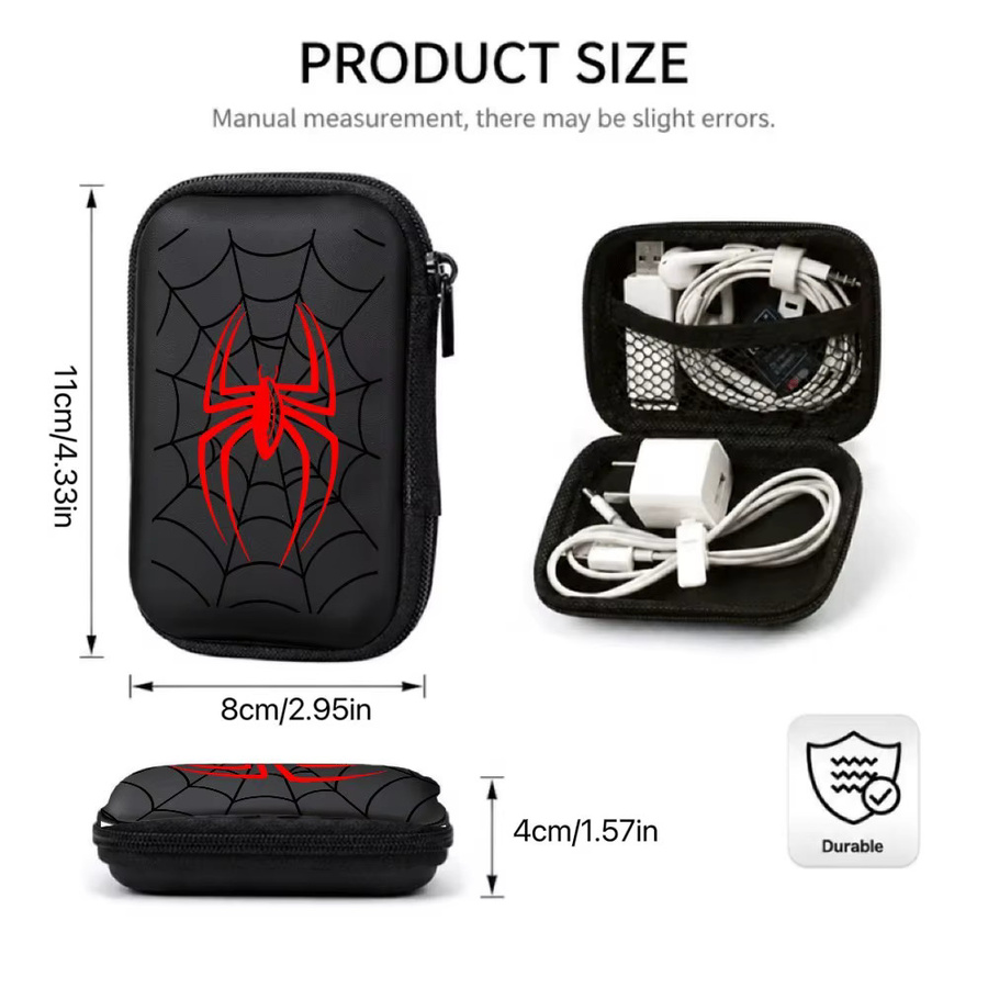 Stoßfeste EVA Hartschalen-Elektronik-Organizer Tasche mit rotem Spinnen-Print für Kabel, Ohrhörer und Festplatten, Farbe: Rot/Schwarz - Bild 5
